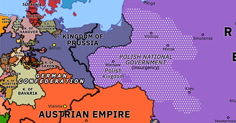 Political map of Eastern Europe on 20 May 1863 (German and Italian Unification: January Uprising), showing the following events: Bismarck Cabinet; January Uprising; Alvensleben Convention.