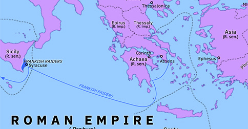 Political map of the Eastern Mediterranean on 18 Nov 280 (Crisis of the Third Century: Probus’ Frankish revolt), showing the following events: Lydius; Probus’ Blemmyan War; Proculus; Probus’ Frankish revolt.
