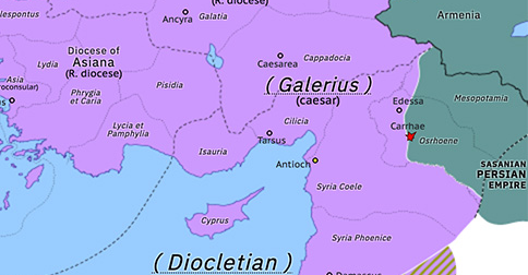 Political map of the Eastern Mediterranean on 12 May 297 (Diocletian and the Tetrarchy: Second Battle of Carrhae), showing the following events: Diocletian’s provincial reform; Narseh’s Roman campaign; Roman Dioceses; Domitius Domitianus and Achilleus; Second Battle of Carrhae.
