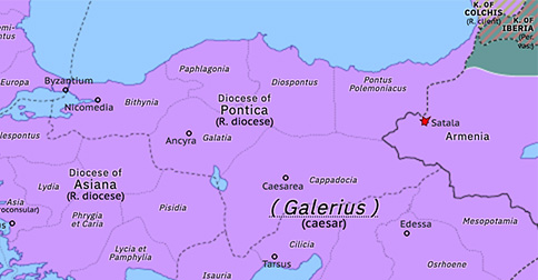 Political map of the Eastern Mediterranean on 28 Nov 298 (Diocletian and the Tetrarchy: Galerius’ invasion of Persia), showing the following events: Battle of Satala; Galerius’ invasion of Persia; Diocletian’s Nubian Campaign.