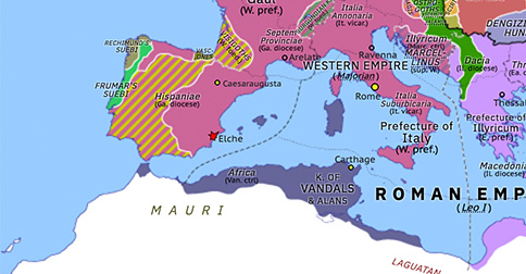 Political map of Europe & the Mediterranean on 13 May 460 (Fall of the Western Roman Empire: Battle of Elche), showing the following events: Battles over Lucus Augusti; Gaiseric’s peace overtures; Marcellinus in Sicily; Majorian’s Campaign in Hispaniae; Battle of Elche.