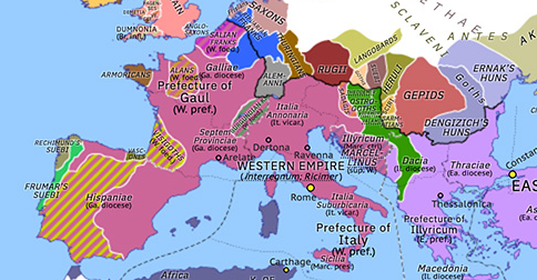Political map of Europe & the Mediterranean on 7 Aug 461 (Fall of the Western Roman Empire: Execution of Majorian), showing the following events: Majorian–Gaiseric treaty; Majorian’s Alan campaign; Arrest of Majorian; Execution of Majorian.