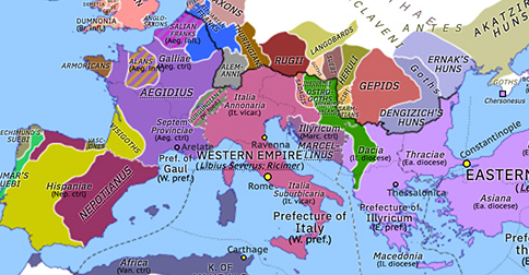 Political map of Europe & the Mediterranean on 19 Nov 461 (Fall of the Western Roman Empire: Elevation of Libius Severus), showing the following events: Escape of Marcellinus; Revolt of Aegidius; Revolt of Nepotianus; Reign of Libius Severus.