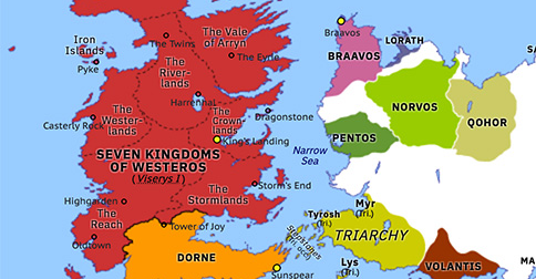 Political map of Game of Thrones on S1 E1 / 112 AC (The Heirs of the Dragon), showing the following events: Great Council at Harrenhal; Triarch conquest of the Stepstones; Disinheritance of Daemon Targaryen.