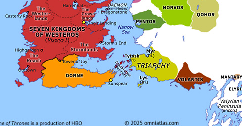 Political map of Game of Thrones on S1 E3 / 115 AC (House of the Dragon: Second of His Name), showing the following events: Daemon’s occupation of Dragonstone; War for the Stepstones; Siege of Bloodstone; King of the Narrow Sea.