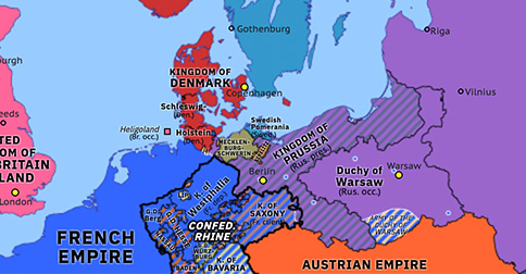 Political map of Northern Europe on 17 Mar 1813 (Napoleonic Wars: German Campaign of 1813), showing the following events: Chernyshyov’s Liberation of Berlin; Cossacks in Hamburg; Fall of Napoleonic Saxony; An Mein Volk.