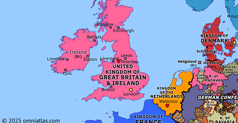 Political map of Northern Europe on 16 Aug 1819 (NO MAPS FOR THIS PERIOD YET: Peterloo Massacre), showing the following events: Battle of Waterloo; Surrender of Paris; Holy Alliance; Peterloo Massacre.