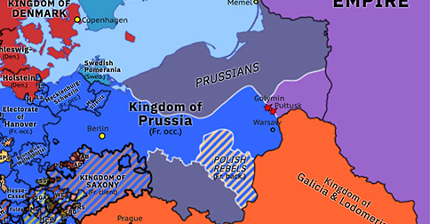 Political map of Northwest Europe on 26 Dec 1806 (Napoleon: Fourth Coalition: Battles of Pułtusk and Golymin), showing the following events: Russian invasion of Moldavia; French arrival in Warsaw; Treaty of Posen; Siege of Belgrade; Russian invasion of Wallachia; Battle of Golymin; Battle of Pułtusk.