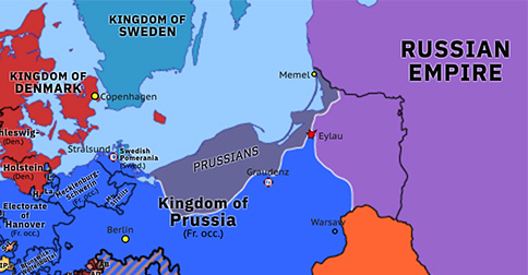 Political map of Northwest Europe on 8 Feb 1807 (Napoleon: Fourth Coalition: Battle of Eylau), showing the following events: Orders in Council; Siege of Graudenz; Blockade of Stralsund; Battle of Eylau.