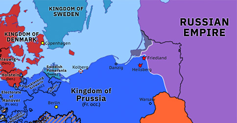 Political map of Northwest Europe on 14 Jun 1807 (Napoleon: Fourth Coalition: Battle of Friedland), showing the following events: Siege of Danzig; Siege of Kolberg; Slave Trade Act 1807; Battle of Heilsberg; Battle of Friedland.