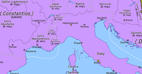 Political map of Western Mediterranean on 01 Mar 293 (NO MAPS FOR THIS PERIOD YET: First Tetrarchy), showing the following events: Diocletian’s Second Sarmatian Campaign; Second Quinquegentiani War; First Tetrarchy.