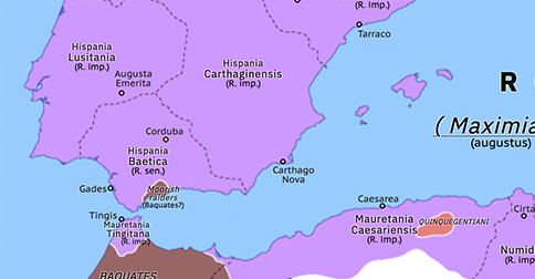 Political map of Western Mediterranean on early 297 (NO MAPS FOR THIS PERIOD YET: Maximian’s Moorish campaigns), showing the following events: Diocletian’s provincial reform; Maximian’s Moorish campaigns.
