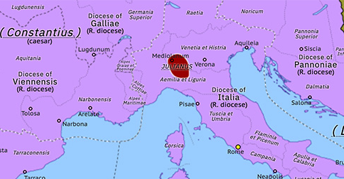 Political map of Western Mediterranean on c.298 (Diocletian and the Tetrarchy: Julianus vs Maximian), showing the following events: Roman Dioceses; Julianus vs Maximian.