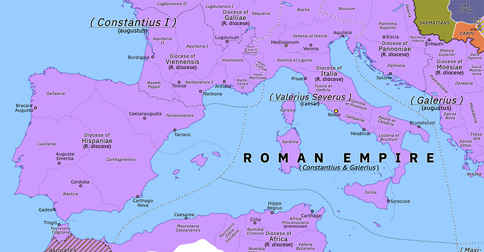 Political map of Western Mediterranean on 1 May 305 (Diocletian and the Tetrarchy: Second Tetrarchy), showing the following events: End of the Bastarnae; Edict on Maximum Prices; Danubian War of 302–4; Great Persecution; Second Tetrarchy.