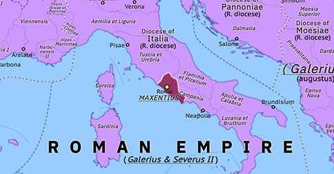 Political map of Western Mediterranean on 28 Oct 306 (Diocletian and the Tetrarchy: Constantine and Maxentius), showing the following events: Sarmatian War of 305–7; Accession of Constantine I; Third Tetrarchy; Limesfall II; Maxentius’ Coup.