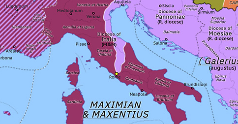 Political map of Western Mediterranean on 21 Nov 307 (Diocletian and the Tetrarchy: Galerius vs Maxentius), showing the following events: Maxentian Revolt; Severus II vs Maxentius; Return of Maximian; Galerius vs Maxentius; Constantine and Fausta.