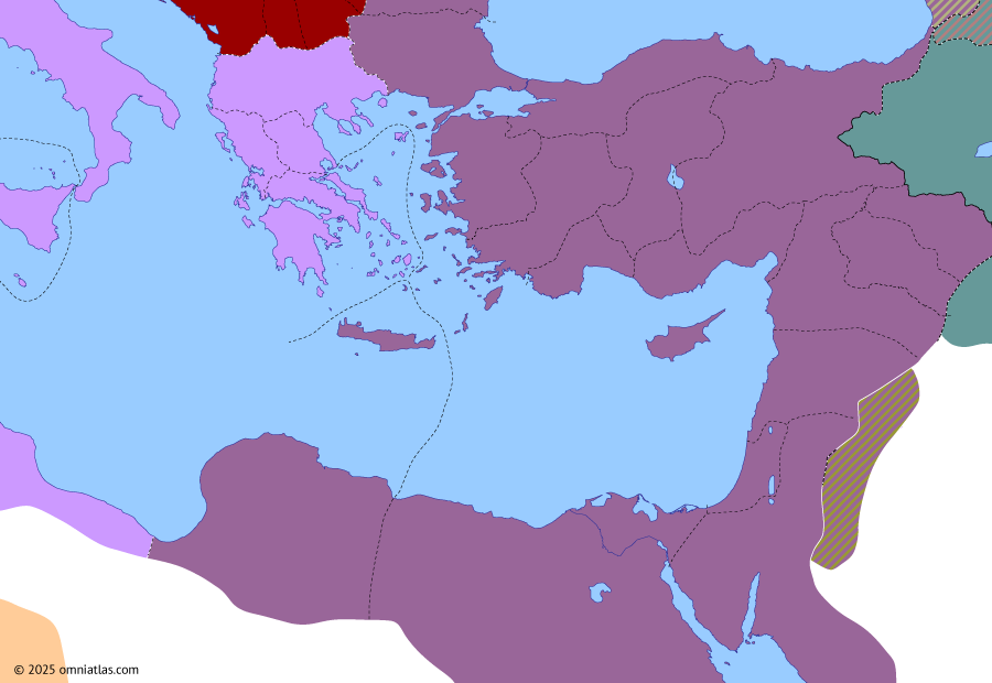 Political map of the Eastern Mediterranean on 23 Dec 284 (NO MAPS FOR THIS PERIOD YET: Diocletian vs Carinus), showing the following events: Co-principate of Numerian; Diocletian’s revolt; Marcus Aurelius Julianus; Sabinus Julianus.