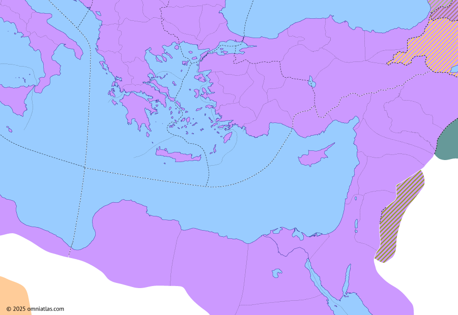 Political map of the Eastern Mediterranean on 01 May 305 (Diocletian and the Tetrarchy: Second Tetrarchy), showing the following events: Peace of Nisibis; Conversion of Tiridates III; Edict on Maximum Prices; Great Persecution; Second Tetrarchy.