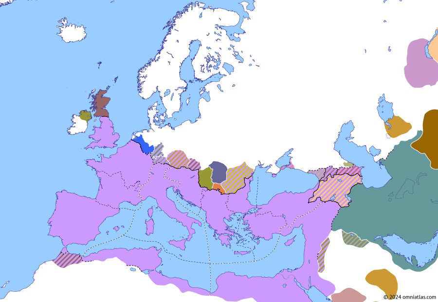 Political map of Europe & the Mediterranean on 01 May 305 (Diocletian and the Tetrarchy: Second Tetrarchy), showing the following events: Battle of Vindonissa; Great Persecution; Arsacid Albania; Afrighid Kingdom; Second Tetrarchy; Reign of Galerius.