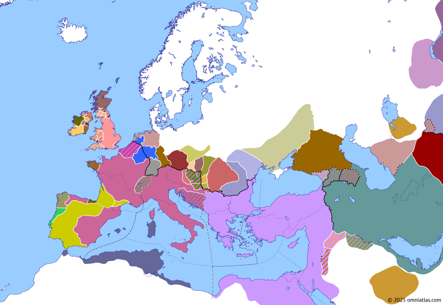 Political map of Europe & the Mediterranean on 09 Dec 458 (Fall of the Western Roman Empire: Battle of Arelate), showing the following events: Majorian’s mobilization; Pacification of the Balkan Huns; Death of Framta; Visigothic march into Baetica; Roman recapture of Lugdunum; Exile of Childeric I; Siege of Arelate; Battle of Arelate.