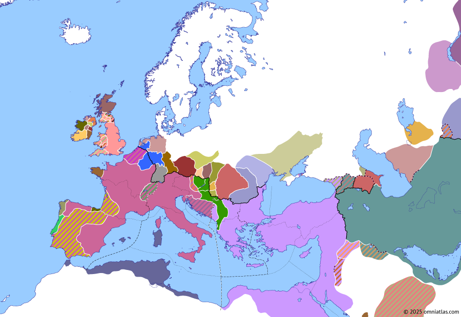 Political map of Europe & the Mediterranean on 13 Nov 459 (Fall of the Western Roman Empire: Valamir’s invasion of Illyricum), showing the following events: Nepotianus–Theodoric II Treaty; Valamir’s invasion of Illyricum; Revolt of Vache II; Battle of Ray.