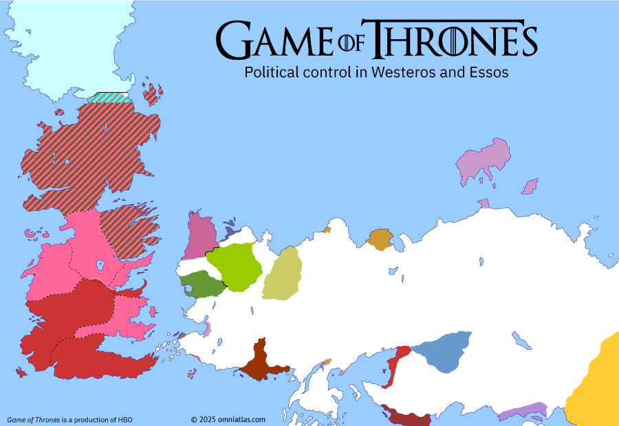 Political map of Game of Thrones on ? ?? 707 (Game of Thrones: The Dragon and the Wolf), showing the following events: Assault on the Targaryen Fleet; Sack of Highgarden; Fall of Casterly Rock; Battle of the Goldroad; Undeath of Viserion; Breaching of the Wall.