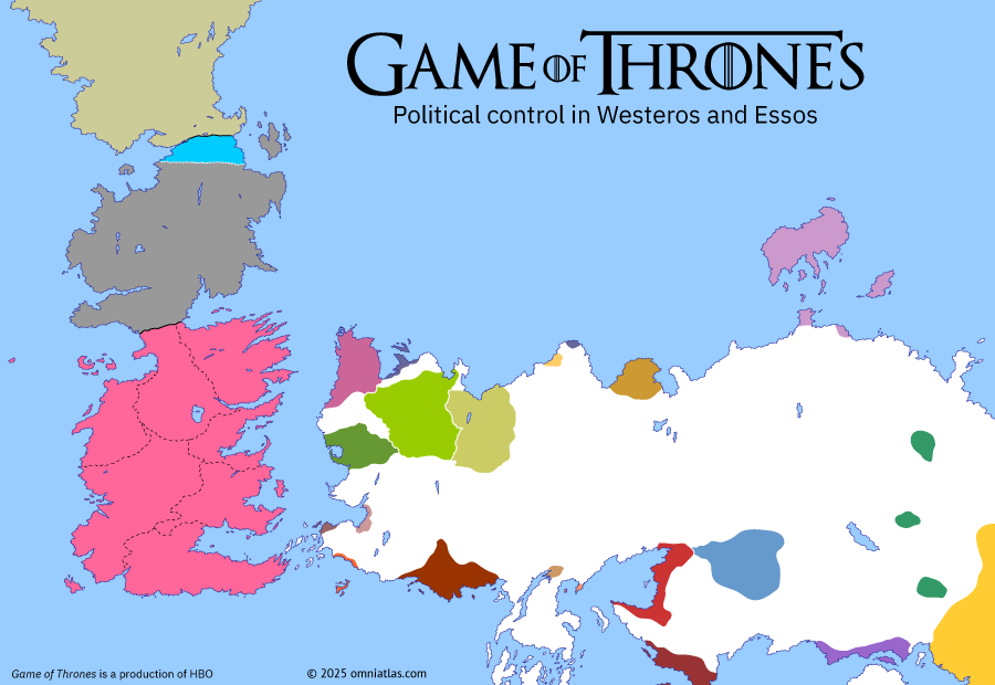 Political map of Game of Thrones on S8 E6 / 305 AC (Game of Thrones: The Iron Throne), showing the following events: Battle of Winterfell; Battle at Dragonstone; Battle of King's Landing; Assassination of Daenerys Targaryen; Great Council in the Dragonpit.