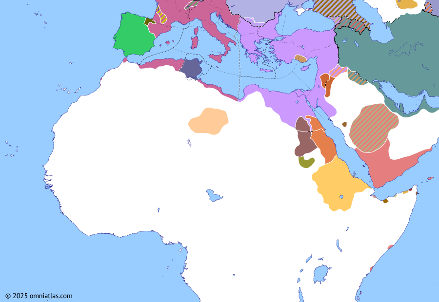 Political map of Northern Africa on 07 Dec 448 (Africa and Rome Divided: Maximinus’ Nubian War), showing the following events: Vandal raid on Turonium; Attila’s invasion of Thrace; Isaurian revolt; Accession of Rechiar; Roman–Saracen War; Restoration of Western Illyricum; Maximinus’ Nubian War.